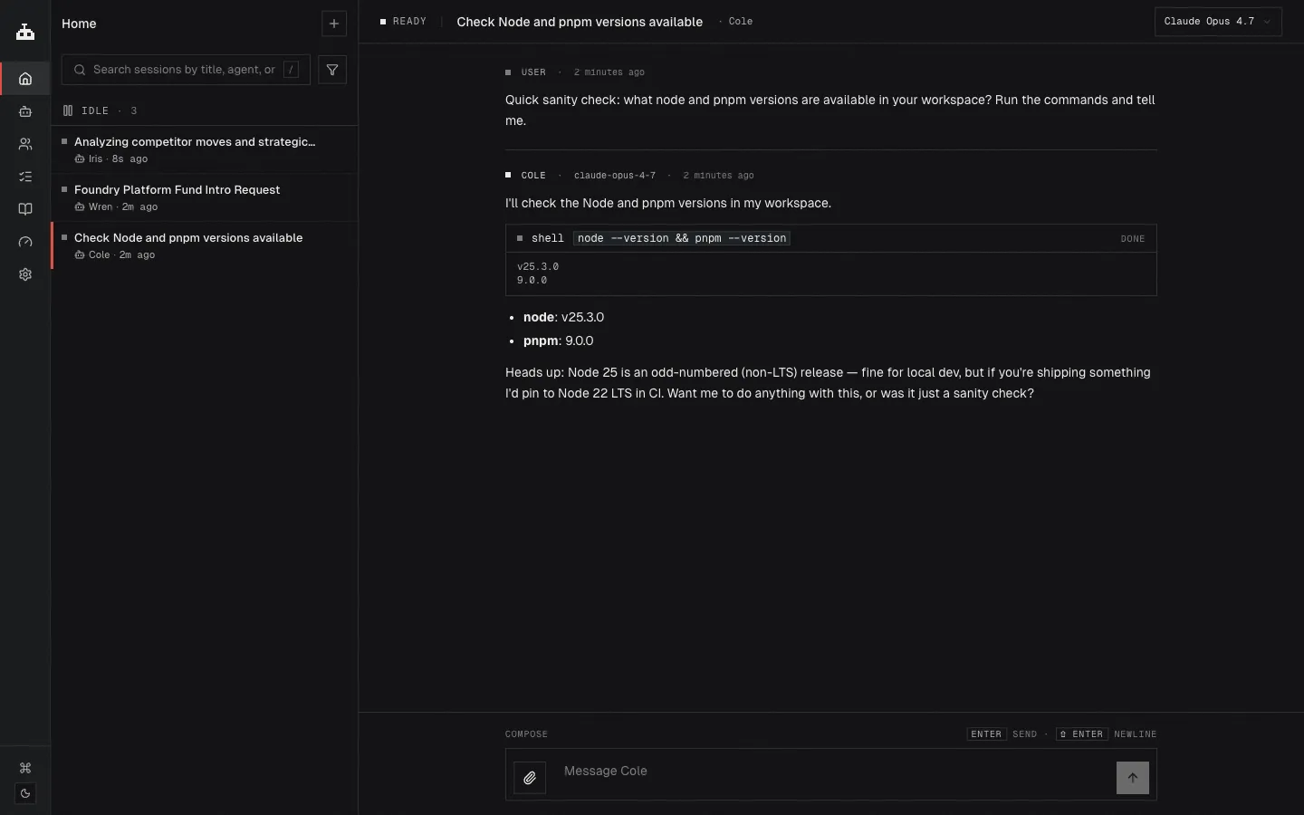 A chat with an agent where a shell command runs inline