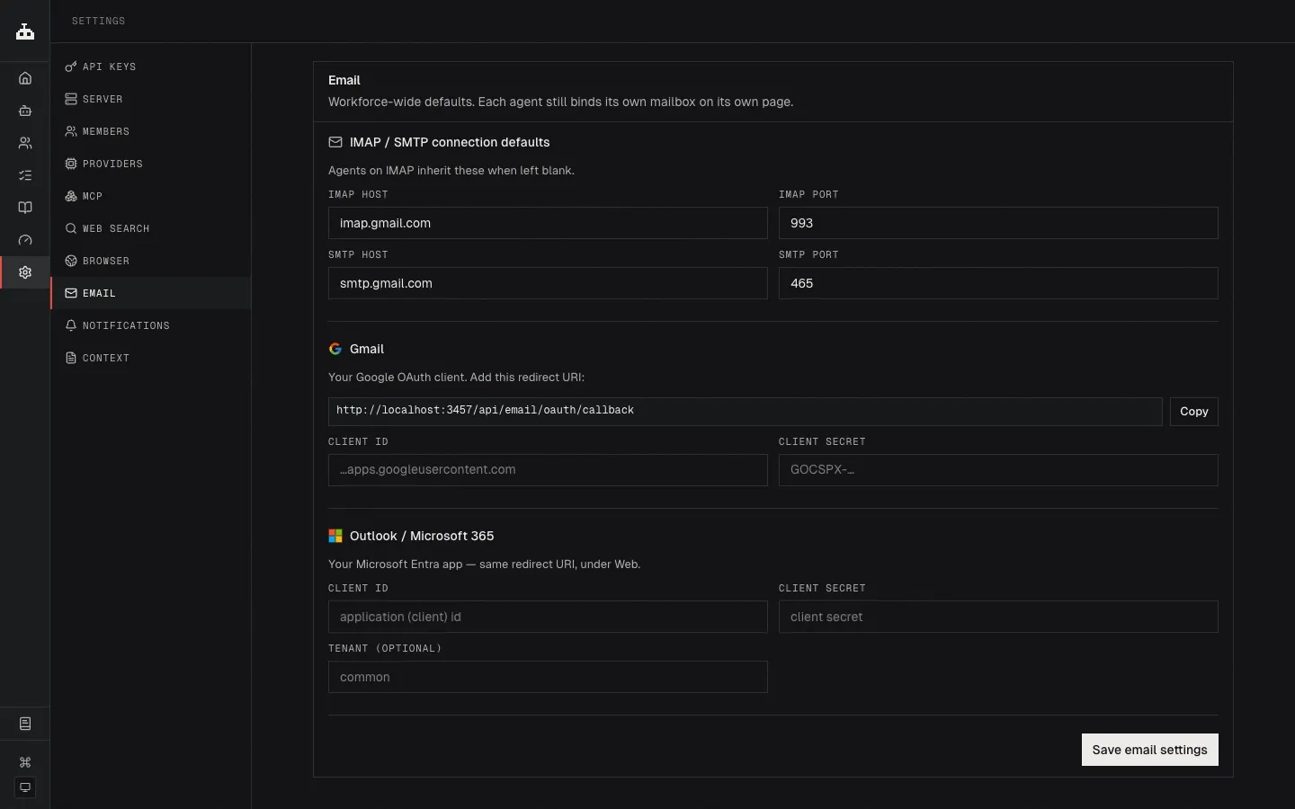 The Settings → Email tab, showing IMAP connection defaults and the Google and Microsoft OAuth app sections