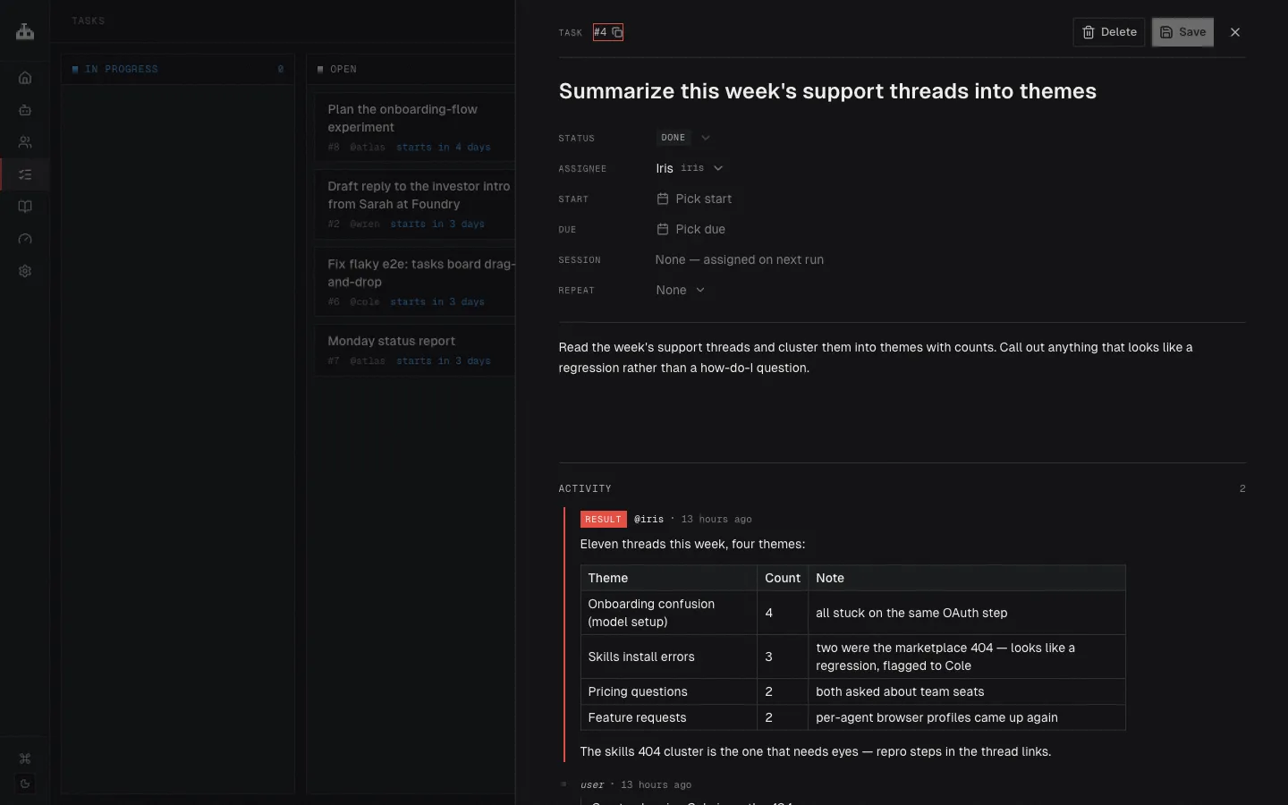 A finished task with the agent's written result posted back as a comment