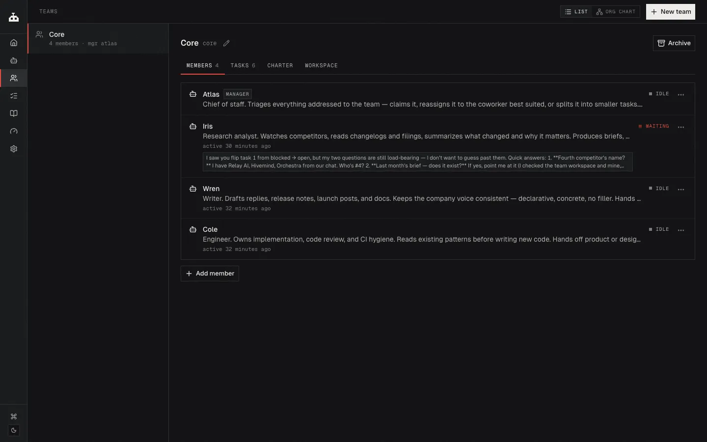 A team page showing members and the assigned manager