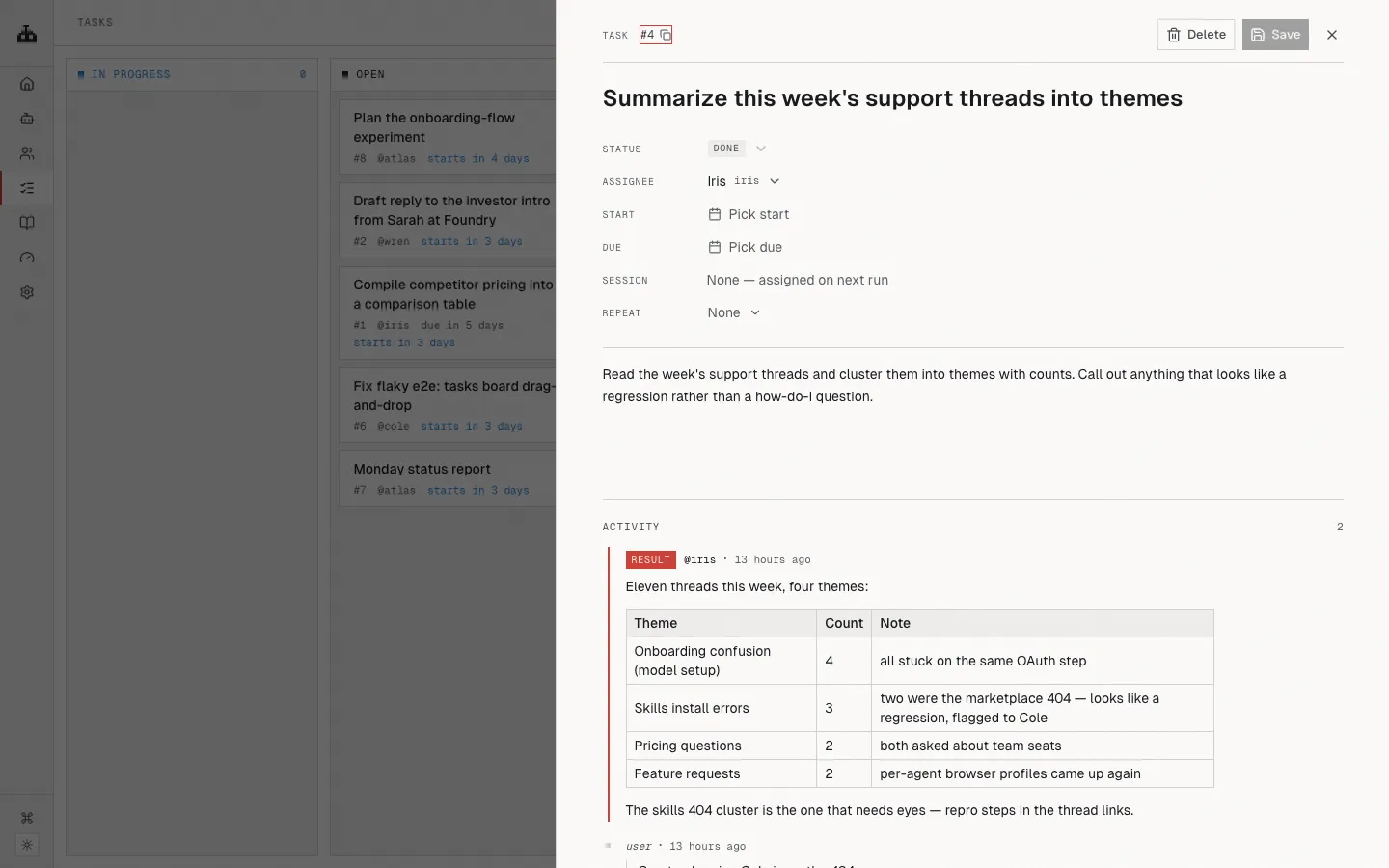 A finished task with the agent's written result posted back as a comment