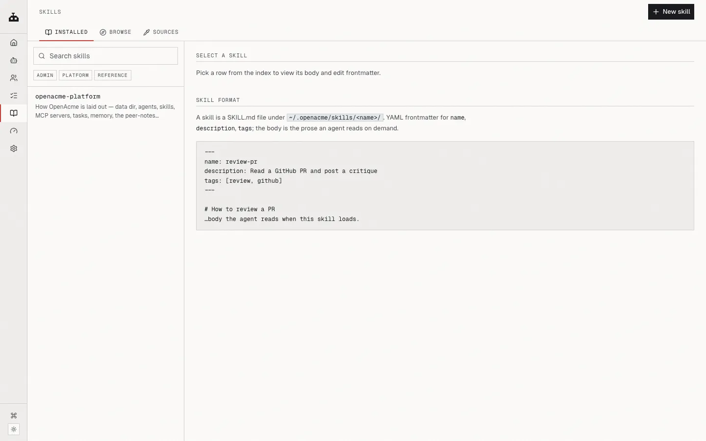 The Skills page showing installed skills and available sources