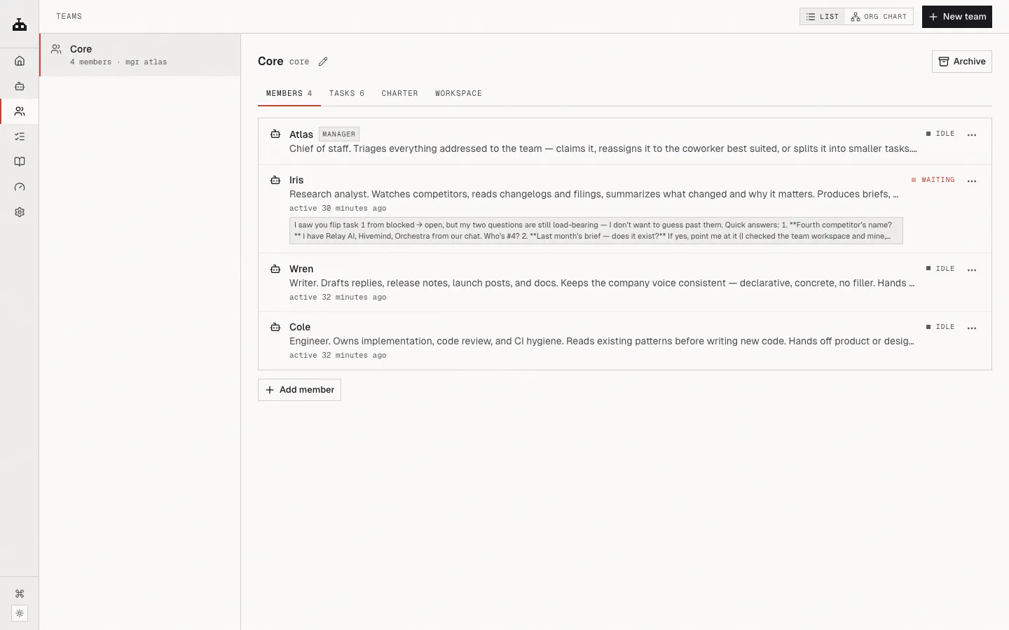 A team page showing members and the assigned manager